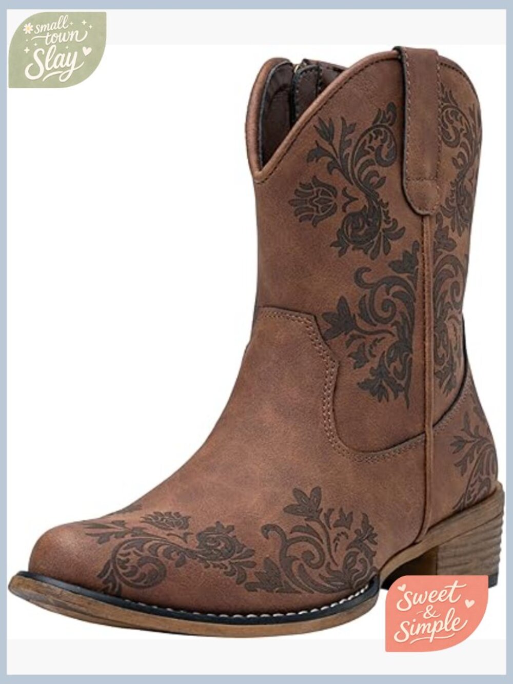 Cowboy Boots Ankle Western Square Toe Low Heel Faux Leather Zipper